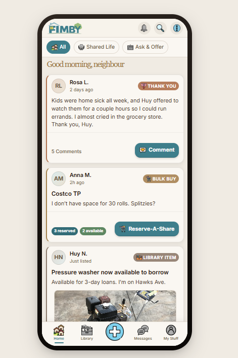 The FIMBY app showing neighbourhood posts: a thank you, a bulk buy, and a pressure washer available to borrow
